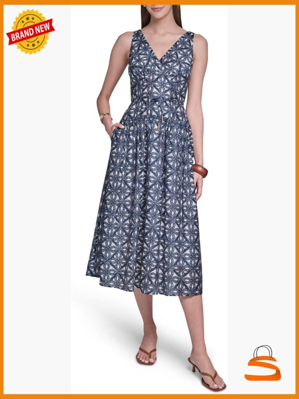 Sleeveless Linen Blend Sundress with Tie Belt - Midi Length